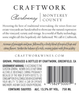 Craftwork 2018 Chardonnay Back Label