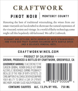 Craftwork 2018 Pinot Noir Back Label