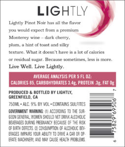 Lightly 2019 Pinot Noir Back Label