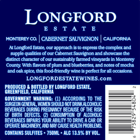 Longford Estate 2018 Cabernet Sauvignon Back Label | SFW Media
