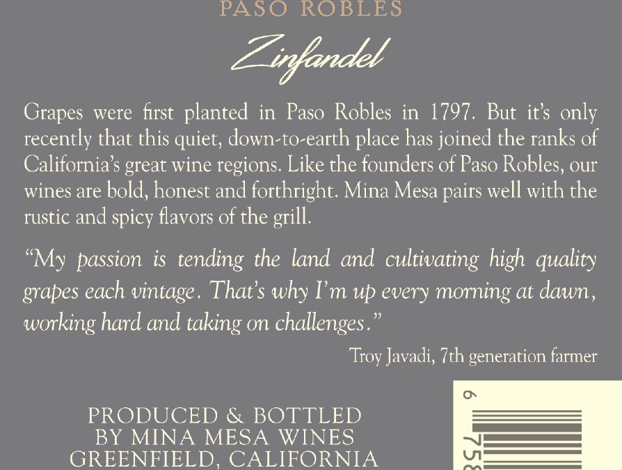 Mina Mesa NV Zinfandel Back Label