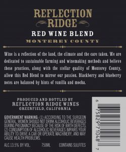 Reflection Ridge NV Red Blend Back Label