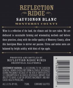 Reflection Ridge NV Sauvignon Blanc Back Label