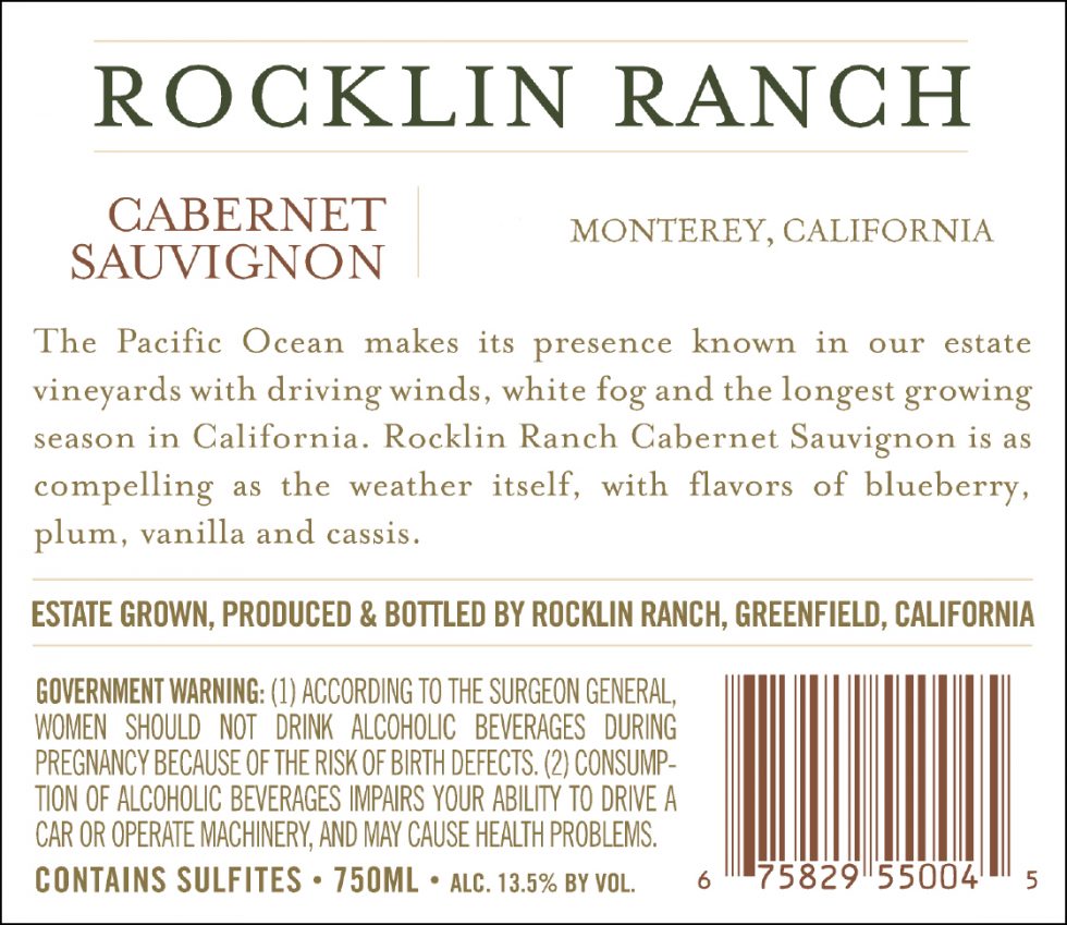 Rocklin Ranch NV Cabernet Sauvignon back label | SFW Media