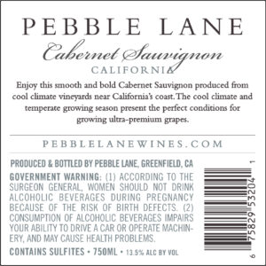 Pebble Lane 2020 CA Cabernet Sauvignon Back Label