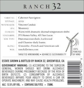 Ranch 32 2019 Cabernet Sauvignon Back Label