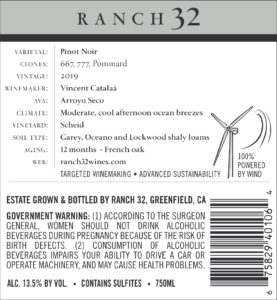 Ranch 32 2019 Pinot Noir Back label