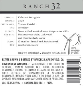 Ranch 32 2020 Cabernet Sauvignon Back label