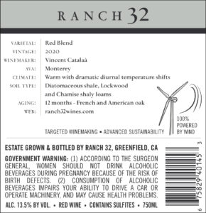 Ranch 32 2020 Cooper’s Red Blend Back label