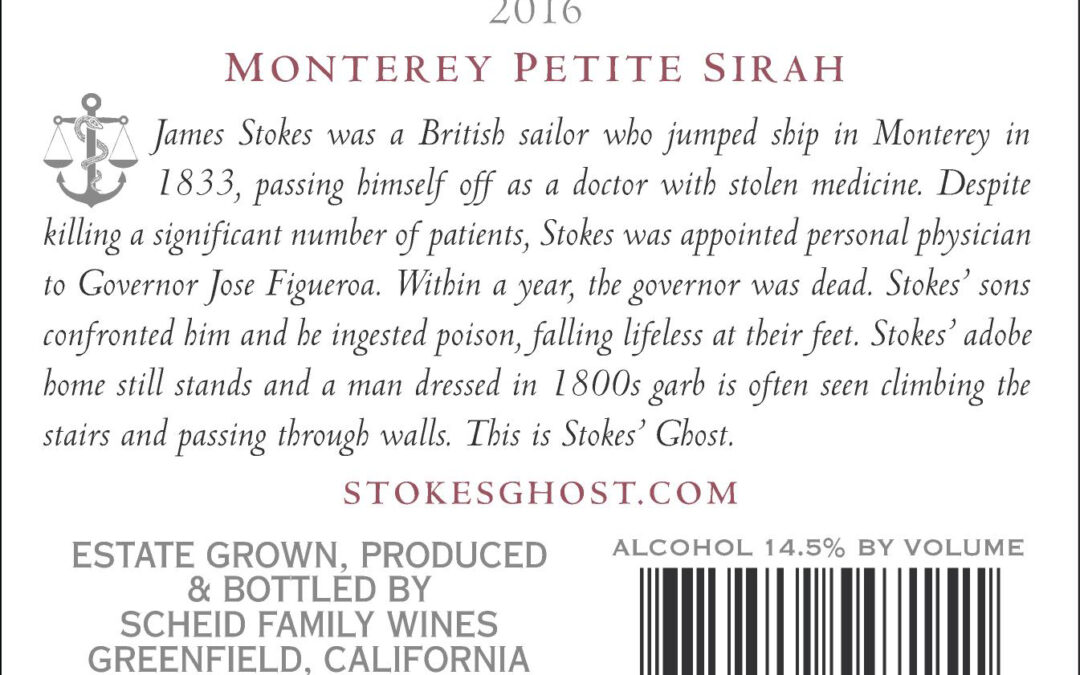 Stokes’ Ghost 2016 Petite Sirah back label
