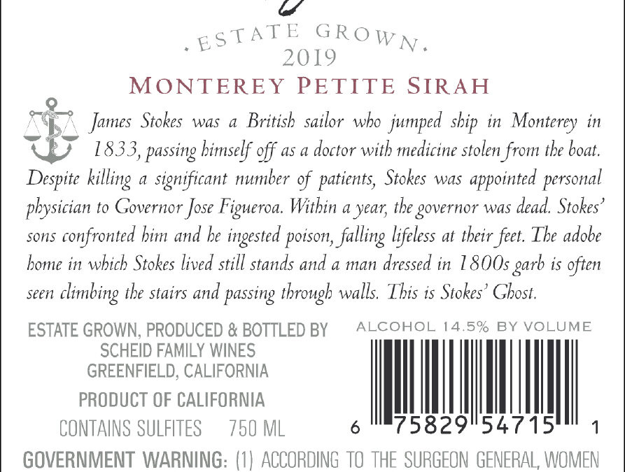Stokes’ Ghost 2019 Petite Sirah back label