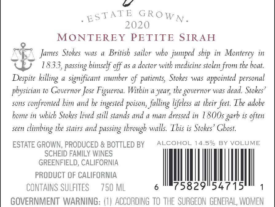 Stokes’ Ghost 2020 Petite Sirah back label