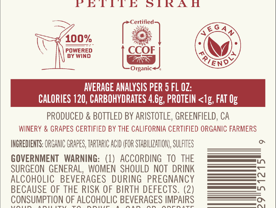 Aristotle 2021 Petite Sirah Organic back label -high res